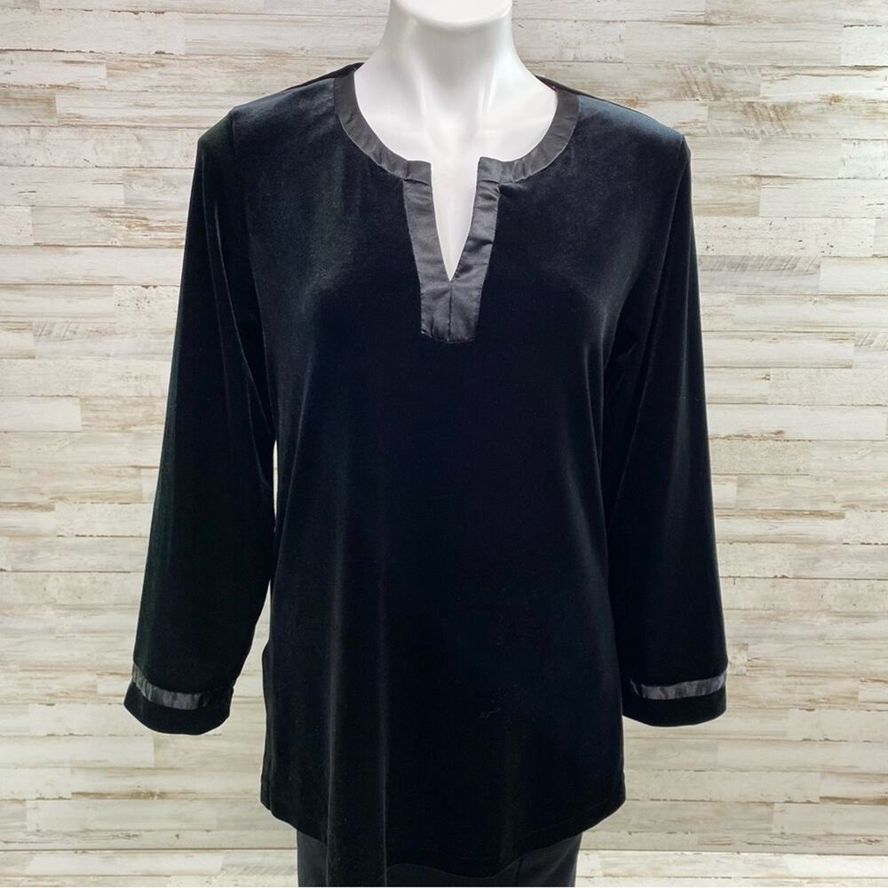 Oscar De La Renta Pink Label Velvet Top Womens Size S Satin Trim Black Slit Side